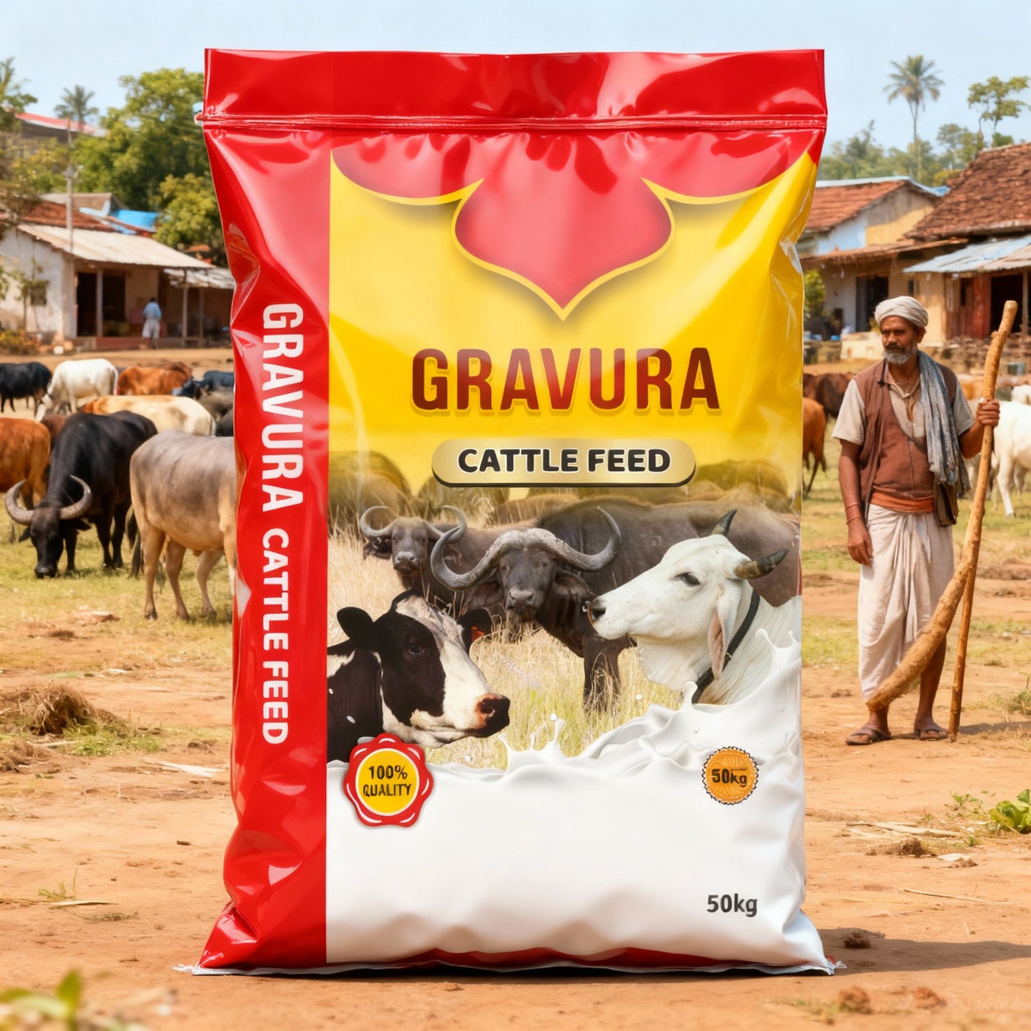 GR229 - Premium Red Cattle Feed Packaging Design Template