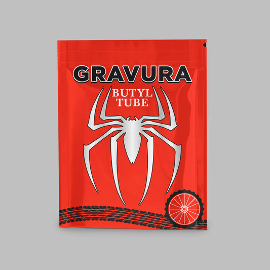 GR-25 - Futuristic Red & Chrome Spider-Themed Tyre Tube Packaging Design