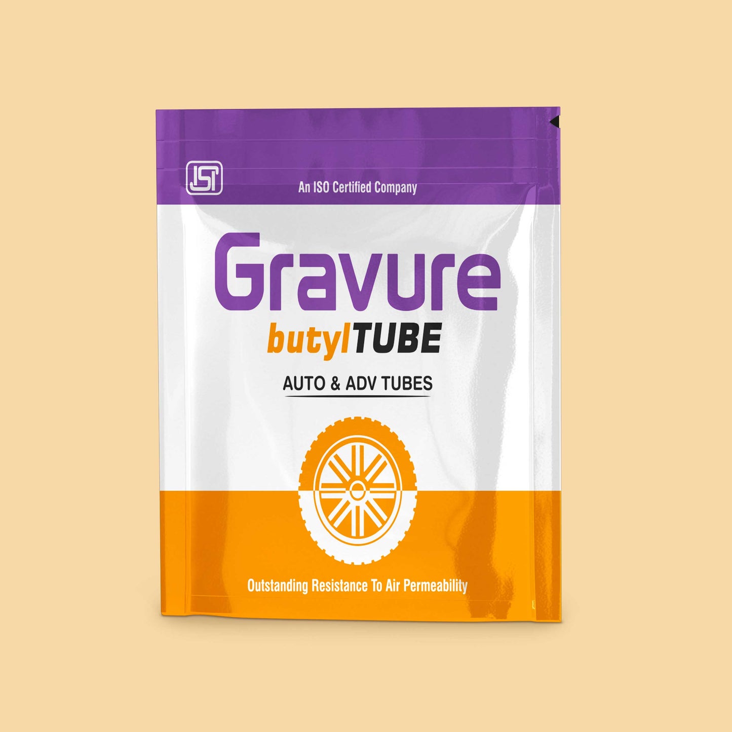 GR-33 - Clean & Vibrant Packaging Design for Automotive Butyl Tube – Purple & Orange Theme