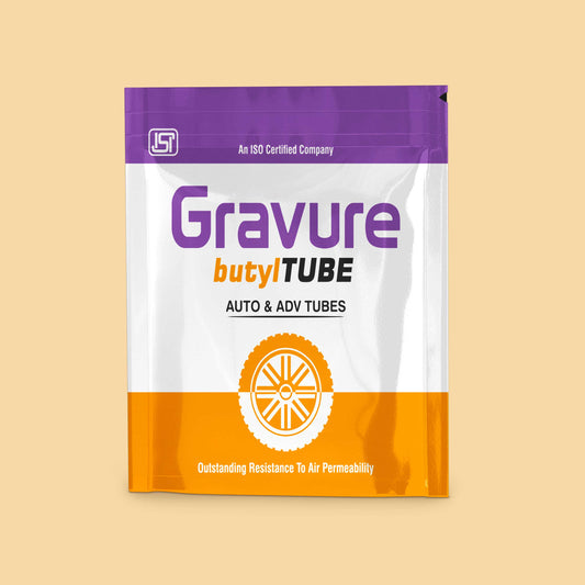 GR-33 - Clean & Vibrant Packaging Design for Automotive Butyl Tube – Purple & Orange Theme